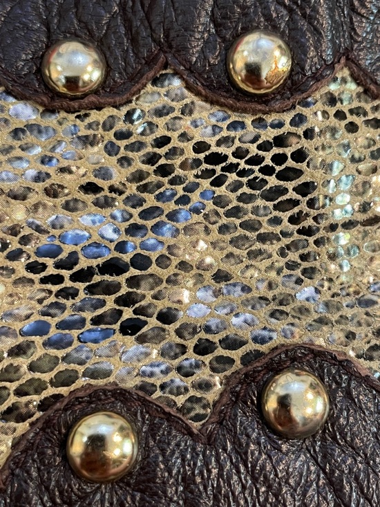 Treesje Brown Leather Waist Belt Metallic Snakeskin Detail Goldtone Studs main image 10